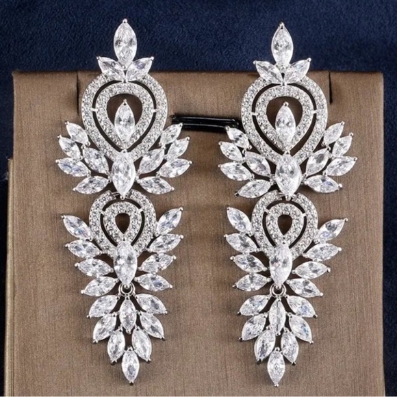 Silver Cubic Zirconia Wedding Earrings, Bridal, Dangle, Anniversary - Picture 5 of 10